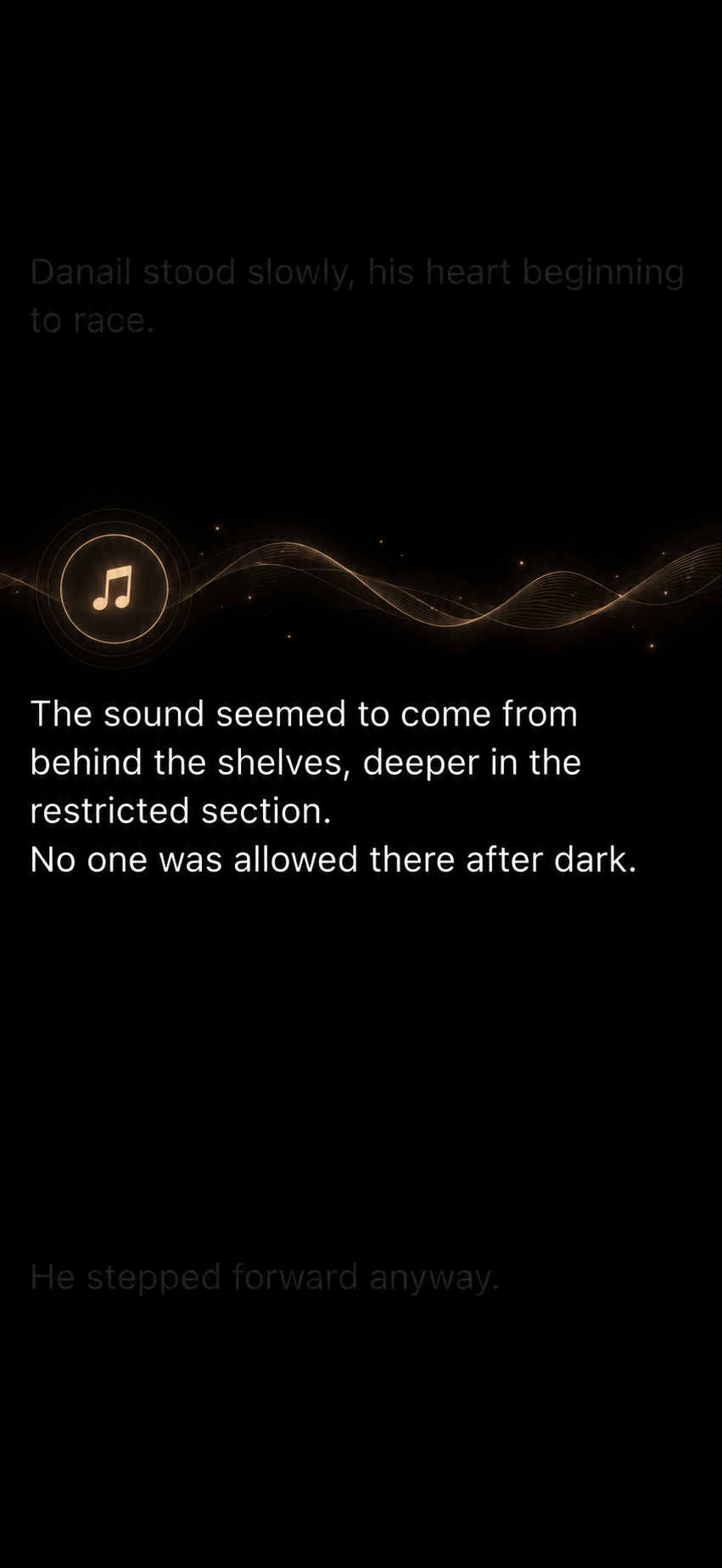 Story scene with a music note as sound comes from the shelves