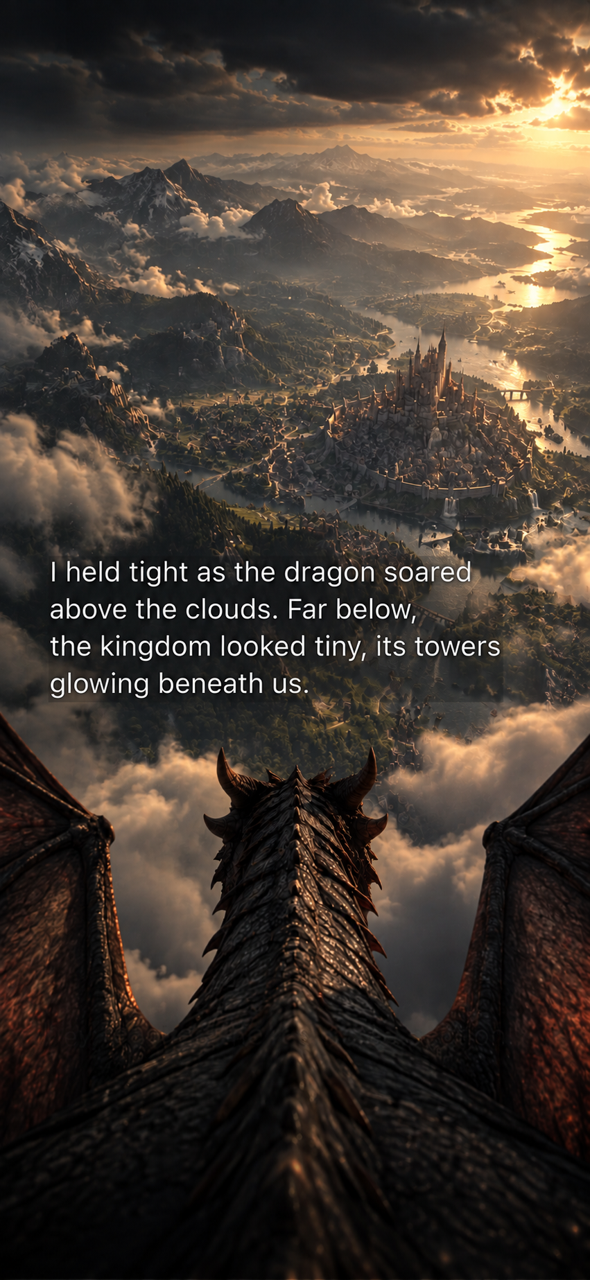 Story scene of a dragon soaring above a glowing kingdom